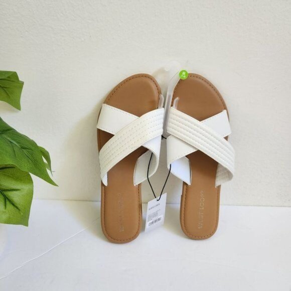 West Loop Elegant White Slide Sandals For Women, Minimalist Cross Strap … - Picture 1 of 8